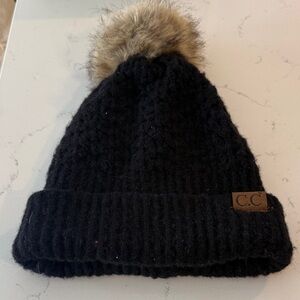 C.C Kids Black Knit Beanie with Faux Fur Pom-Pom